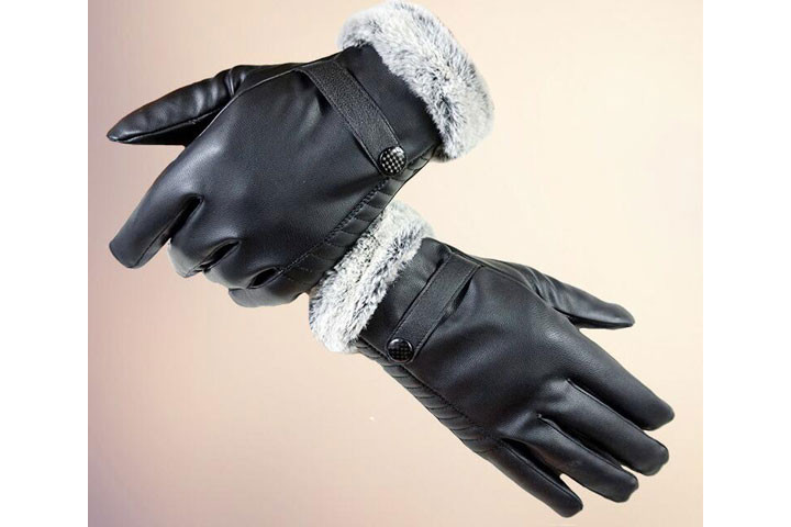 Handsker til damer herrer i imiteret læder med imiteret pels i som foer